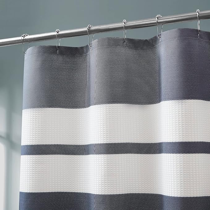 Warm Home Designs White Waffle Shower Curtain with Blue Fabric Stripes. Each Waffle Weave Shower Curtain Measures 70 x 72 Inches. Striped White & Navy Blue Shower Curtains for Bathroom. W Navy 72"