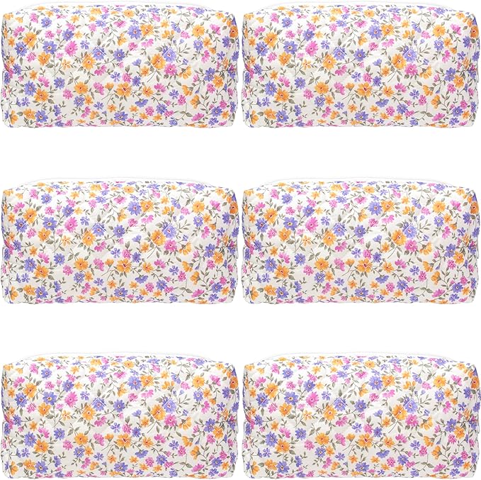 PAZIMIIK 6PCS Vintage Quilted Makeup Bag SET Cosmetic Pouch for Brushes Pencils and Travel Make Up Accessories for Women and Girls,Little flower