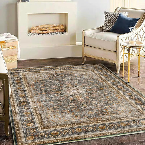 Area Rug 6'x9' Washable Vintage Traditional Floor Cover Thin Retro Kitchen Indoor Distressed Non Slip Carpet for Living Room Bedroom Dining Room
