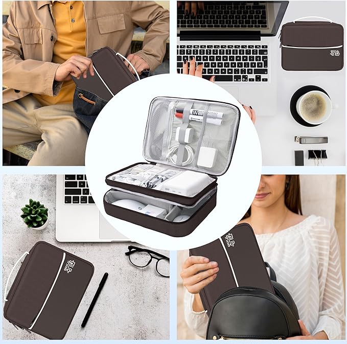 Miavers Electronics Organizer,Travel Cord Organizer Pouch, Portable Cable Organizer Bags, Waterproof Electronic Accessories Storage Case for Cables, Cords, Charger, Phone (Three Layer-Brown)