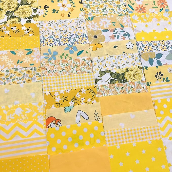 42Pcs 10cm*10cm Cotton Fabric DIY Making Supplies Quilting Patchwork Fabric Fat Quarter Bundles DIY for Quilting Cotton Patchwork Cushions (Yellow, 10cm*10cm)