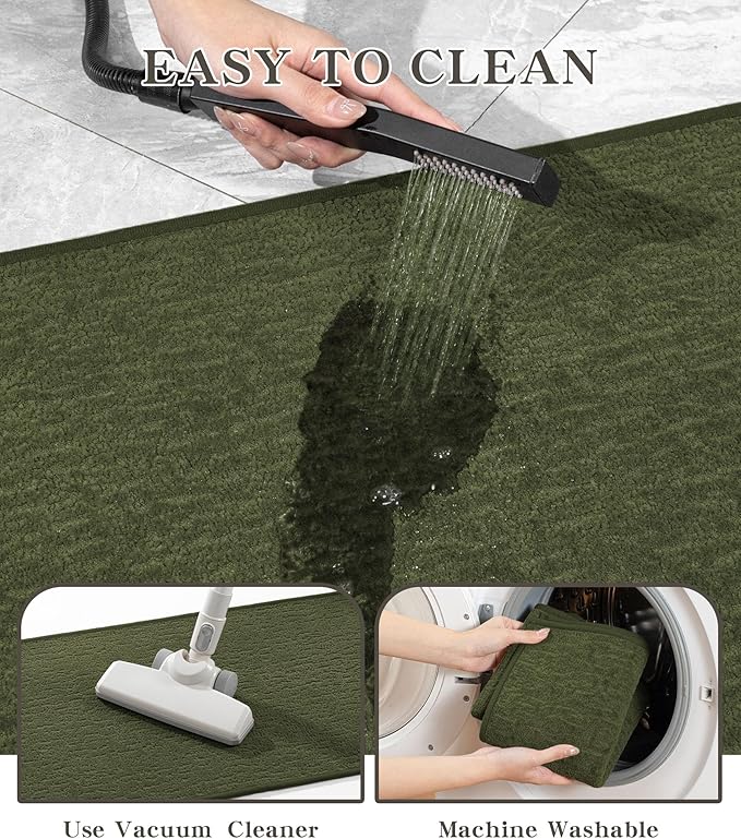 chakme Bathroom Rug Sets 5 Piece, Ultra Thin Bath Mat Quick Dry, Absorbent, Non Slip, Machine Washable, Dark Green, 17" x 24" / 17" x 30" / 17" x 59"