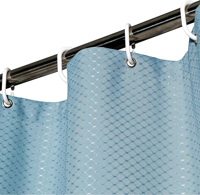 AooHome Extra Long 75 Inch Shower Curtain, Fabric Bathroom Curtain Waffle Weave Plaid Design with Hooks, Weighted Hem, Heavy Duty, Water Repellent, Light Blue