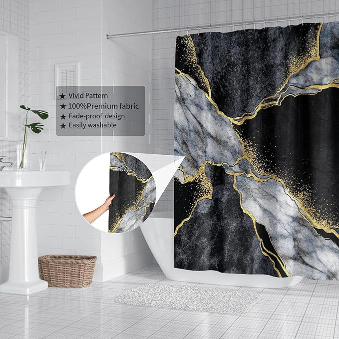 Domoku Marble Waterproof Shower Curtain with Hooks, Machine Washable Easy-Care Fabric Bathroom Curtain for Tub or Shower (Black, 72" W x84 L)