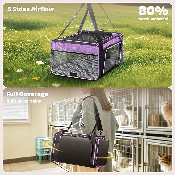 Top and 2 Sides Expandable Large Cat Carrier 18x13.5x9.5, TSA Airline Approved Dog Carriers for Large Dogs, Soft-Sided Pet Carrier with Self-Locking Zippers for Kitten,Rabbit, Puppy Purple