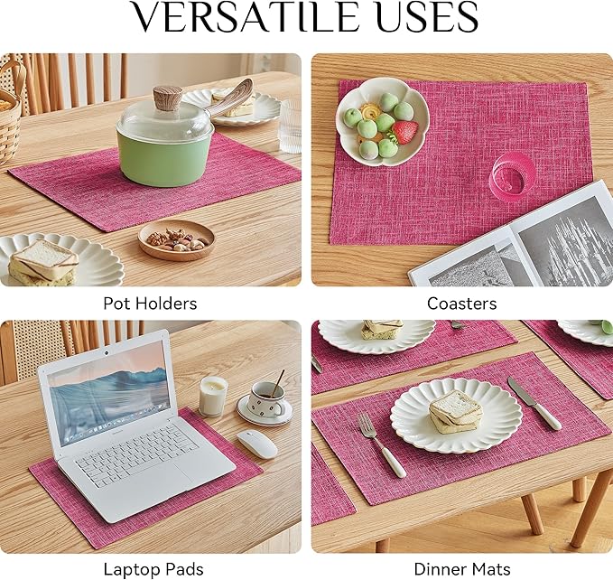 Softalker Faux Linen Placemats Set of 6-12 x 18 Inch, Heat Resistant Double Layered Durable Burlap Farmhouse Place Mats, Non-Slip Washable Rustic Table Mats for Dining, Kitchen, Party（Pink