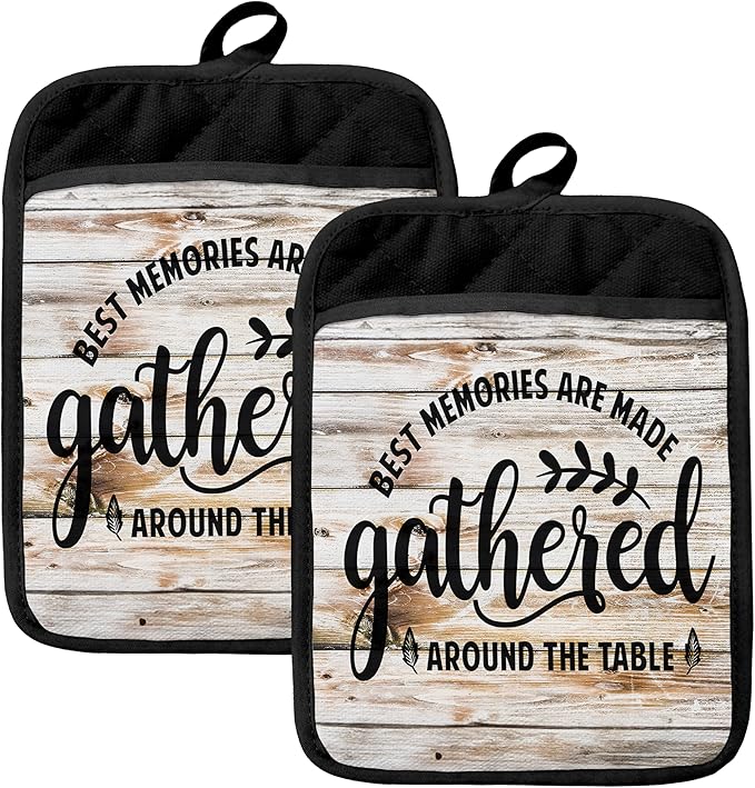 Farmhouse Oven Mitts Set, Chef Gifts, Best Memories are Made Gathered Around The Table Heat Resistant Kitchen Oven Gloves for Baking and Cooking,Pot Holders