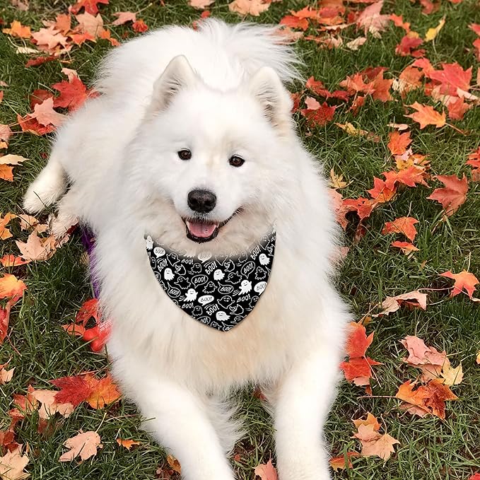 Halloween Dog Bandanas Reversible 2 Pack Large, Orange Black Spider Web Ghost Cute Halloween Pet Bandanas for Dogs Adjustable Triangle Holiday Scarves for Medium Large Extra Large Boy Girl Dogs