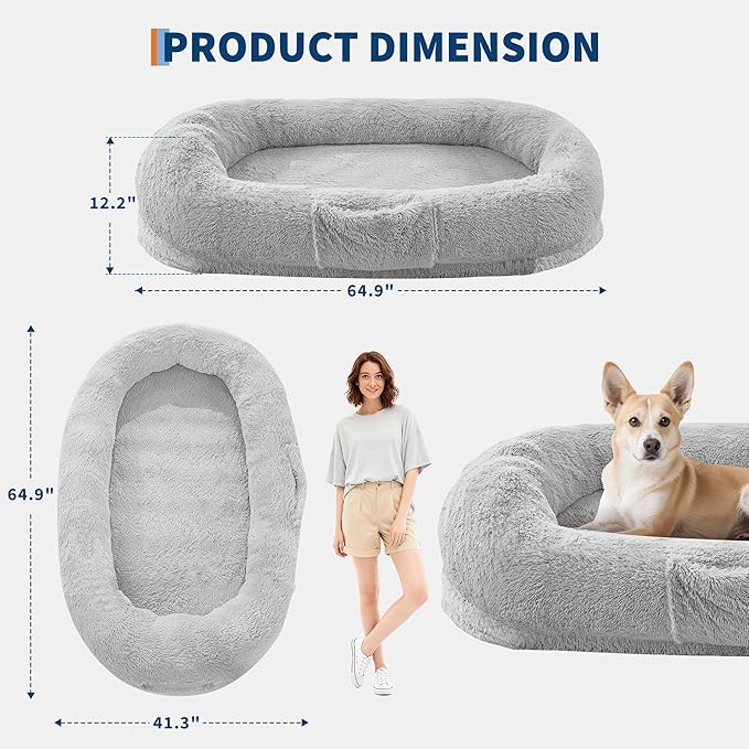 Festisoul Large Plush Dog Bed with Raised Headrest, Orthopedic Pet Bed for Dogs & Cats, Washable Fleece Pet Bed for Large Breeds, White Grey (19x14x9 Inches)