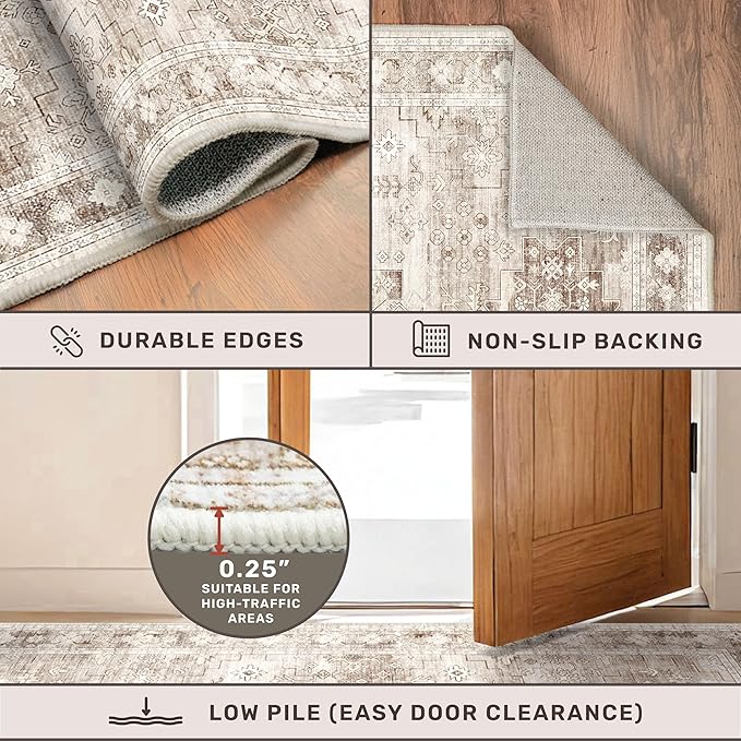 2x4 Boho Runner Rug, Neutral Farmhouse Entryway Rugs, Small Throw Runners for Hallway Bedroom Kitchen, Vintage Floral Design & Non-Slip Low-Pile Washable Stain Resistant Beige Latte