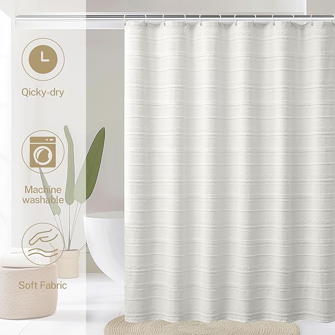Lameirose Extra Long Farmhouse White Shower Curtain Boho, 72 x 84 Cotton Blend Tufted Weave Waffle Stripe Textured Heavy Duty, Fabric Shower Curtain for Bathroom, Hotel