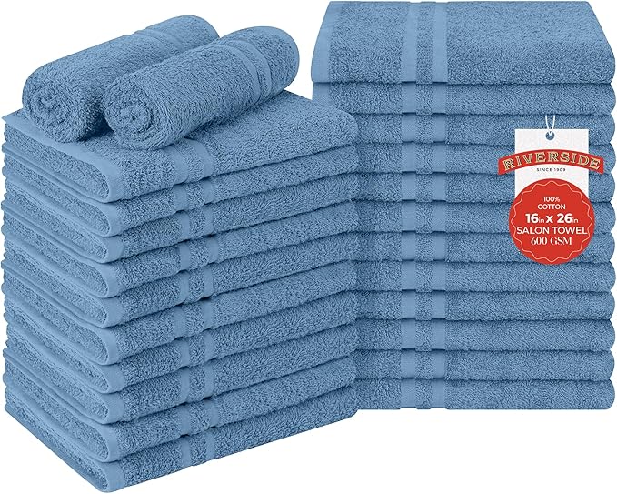 RIVERSIDE Pack of 24 Salon Towels Set (Not Bleach Proof), 16 x 26 Inches, 100% Ring Spun Cotton, Highly Absorbent & Quick Dry Hand Towels for Salon, Barber, Gym, Spa, Bathroom & Home, Electric Blue