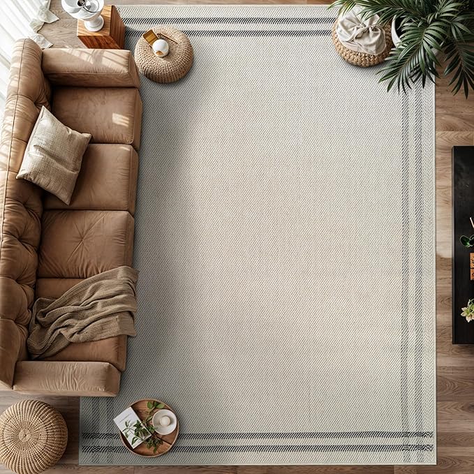 Easy Jute Rugs 10x14 Bordered Bone Color Living Room Indoor Outdoor Area Rug for Patio and Kitchen Rug High Traffic Washable Easy to Clean Solid Boho Woven Design Outside Carpet (10 x 14)