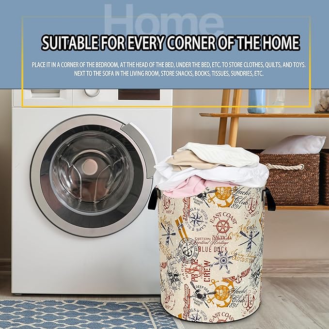 NUTAINLA Anchor Laundry Basket Compass Seafaring Foldable Oxford Cloth Funny Tote Bag Laundry Hamper Clothes Storage Bucket Toy Organizer For Bathroom/Laundry Storage/Bedroom 18.9x16.5 Inch