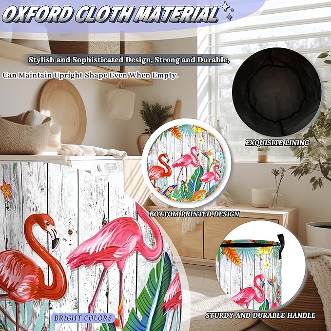 Pink Flamingo Laundry Basket Oxford Cloth Tropical Flowers Laundry Hamper With Handle Portable Clothes Storage Basket Foldable Laundry Bag 18.9"x16.5" For Laundry Room/Bedroom/Bathrooms