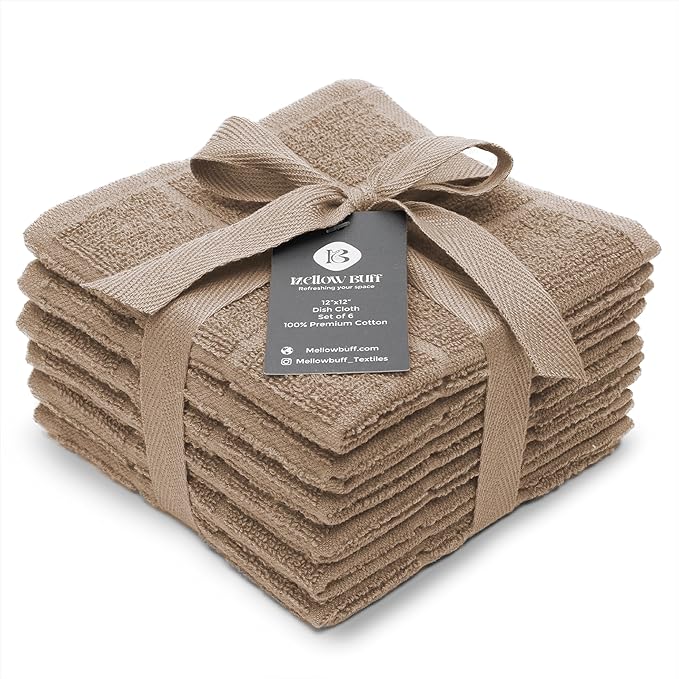 Mellow Buff 100% Cotton Terry Dish Cloth & Dish Towel, 6 Pack, Super Soft and Absorbent Kitchen Towels, Perfect for Kitchen Cleaning and Dish Washing (TAN 6 Pack)