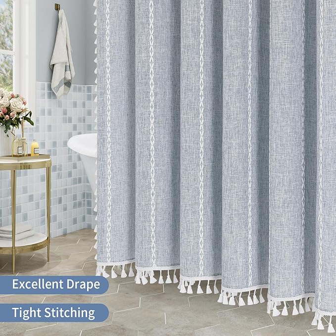MitoVilla Boho Long Shower Curtain 72 x 78, Blue Farmhouse 78 inch Long Polyester Linen Fabric Shower Curtains with Tassel for Chic Cottagecore French Rustic Bathroom Decor