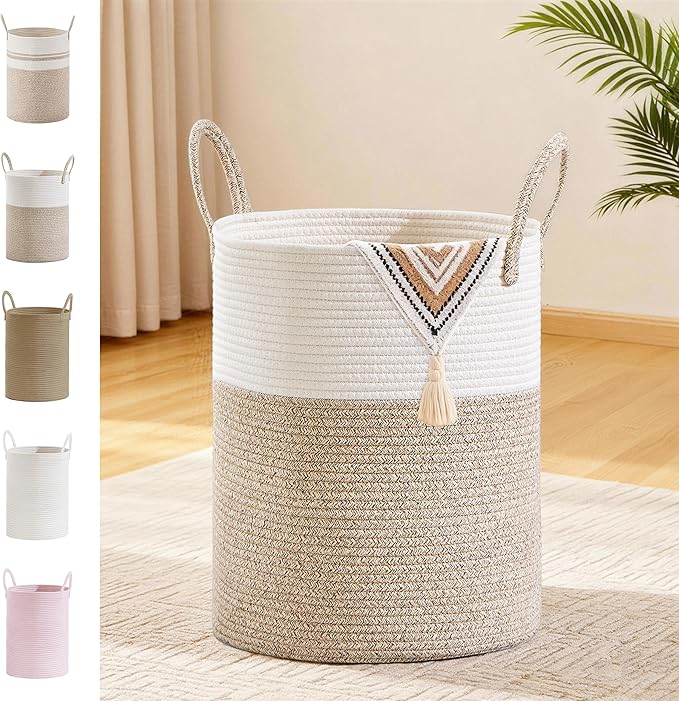 SunNewt Tall Laundry Basket with Handles, 53L Portable Dirty Clothes Hamper, Boho Cotton Rope Storage Bin for Blankets Kids Toys Gifts, Decorative Organizer for Baby Nursery Bedroom Bathroom, Brown