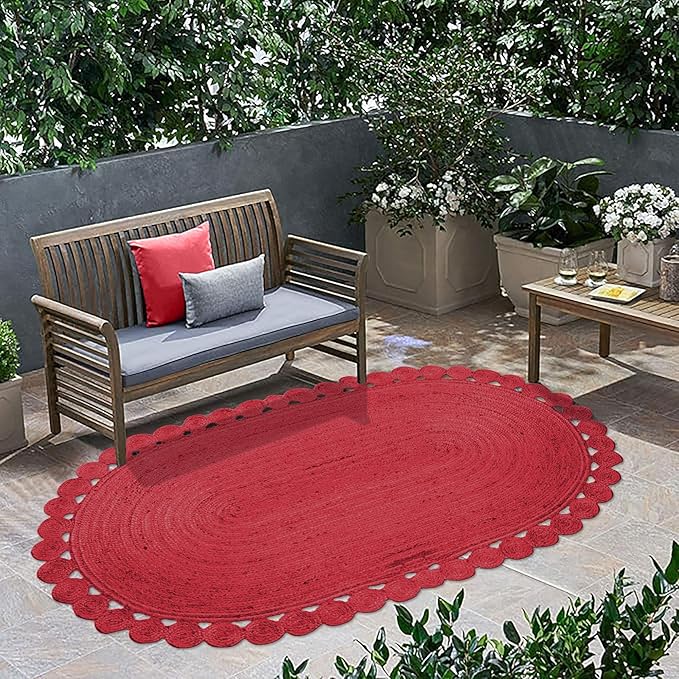 Oval Rug 4x6 Area Rug Kilim Rug Red Solid Design 0.27 inches ThickIndoor Outdoor Rug Flatweave Rug High Traffic Area Lake House Bedroom Dining Room Living Room