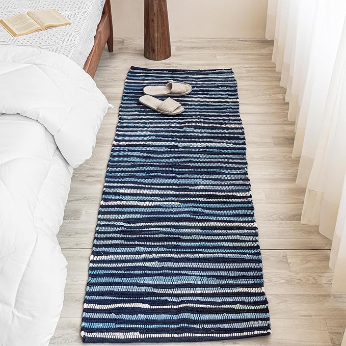 HOMEMONDE Navy Rag Runner Rug 2'x6' Recycled Soft Cotton Chindi Rugs Hand Crafted Reversible Boho Home Decor for Kitchen, Entyrway, Bedroom, Living Room
