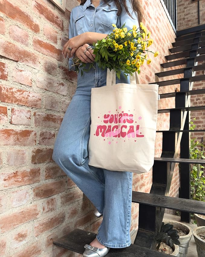 Ecoright Tote Bag for Women with Zipper, Small Tote Bag, Canvas Bag, Reusable Cotton Bag for Beach, Grocery, School & Work