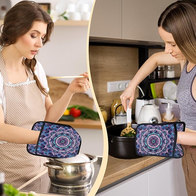 Boho Purple Blue Mandala Floral Pot Holders 2 Pack Set, Vintage Hinduism Spiritual Folk Lotus Flower Mandala Heat Resistant Oven Hot Pads for Kitchen Countertop Baking，073 Potholder