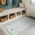 Blue and Green Washable Rugs 3x6 - Vintage Boho Floral Pastel Cream, Washable Low Pile Non Slip Small Throw Accent Area Rug for Entry Way, Laudry Room, Kitchen, Bedroom Beside Bed Decor