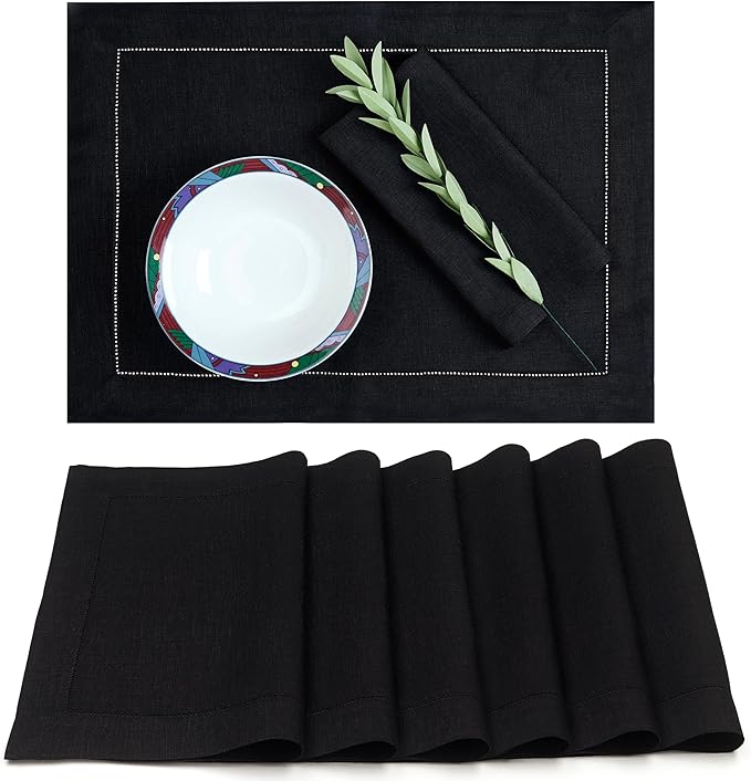 D'Moksha Homes Linen Placemats Set of 6 - Classic Hemstitch Black Placemats 14 x 19 Inch - 100% Pure Linen Table Mats for Spring, Easter - Handcrafted and Machine Washable