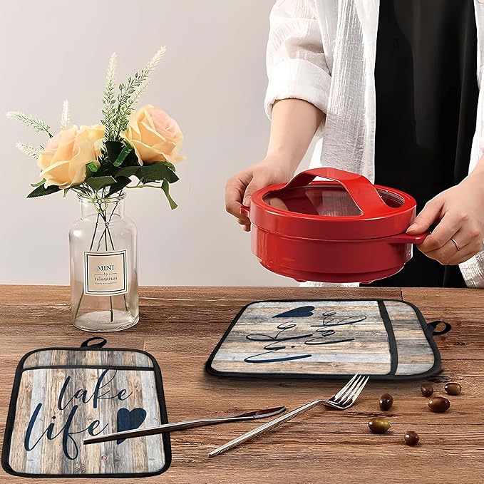 Lake Life Gifts Pot Holders with Pockets, Lake Life House Gifts for Cabin Owners Women Oven Pot Holders Heat Resistant Oven Mitts Hot Pads for Kitchen Baking Cooking
