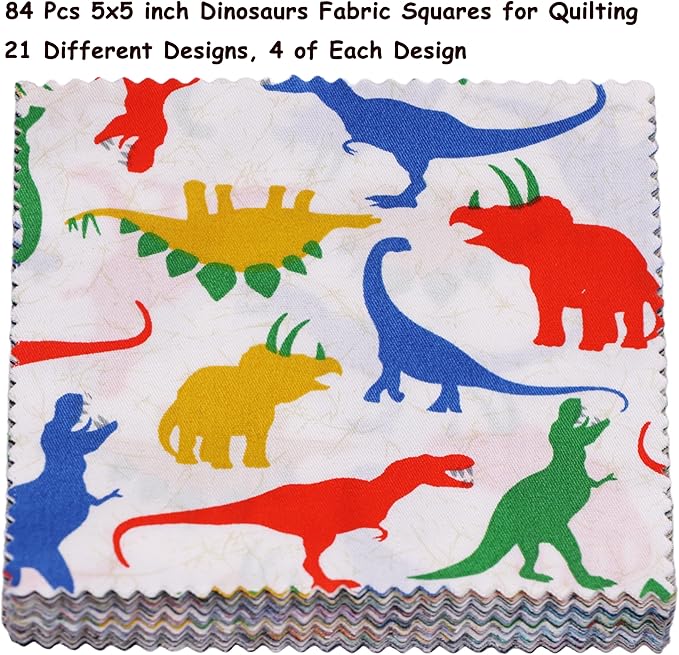 Hanjunzhao 84Pcs Dinosaur Cotton Fabric Squares 5x5, Charm Packs for Quilting 5 inch, Precuts 5x5 Quilt Squares for Quilting, Sewing, Baby Boy Blanket, Home Decor, and Crafts, Cartoon Dinosaurs
