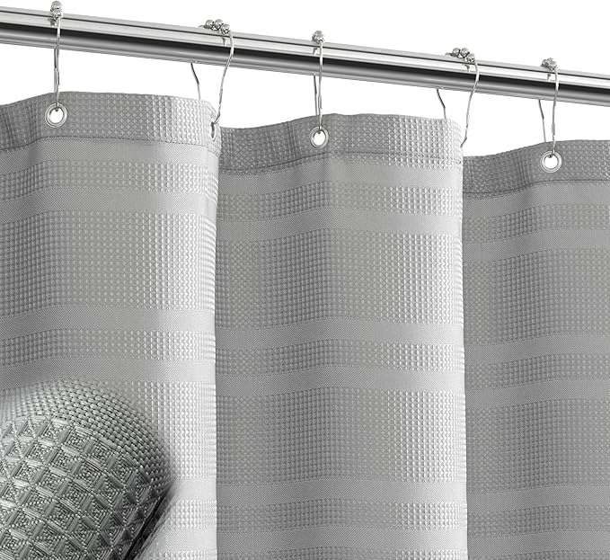 TURKIO Grey Shower Curtain Waffle Weave Shower Curtain Gray Striped Fabric Shower Curtains for Bathroom (72Wx72H, Gray)
