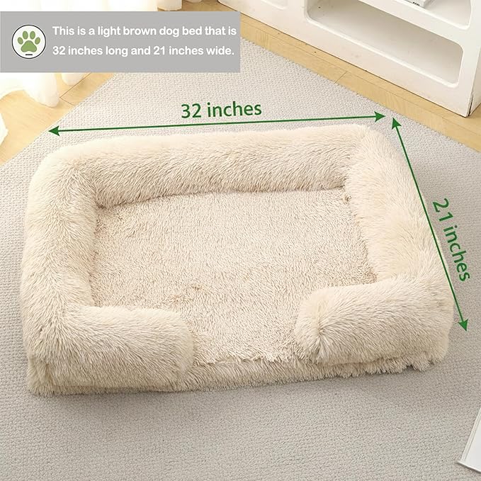 CareCooo Orthopedic Dog Bed for Large Dogs - Washable Memory Foam Pet Sofa, Fluffy Plush Rectangular Bed, Waterproof Anti-Anxiety Couch, Light Brown, L
