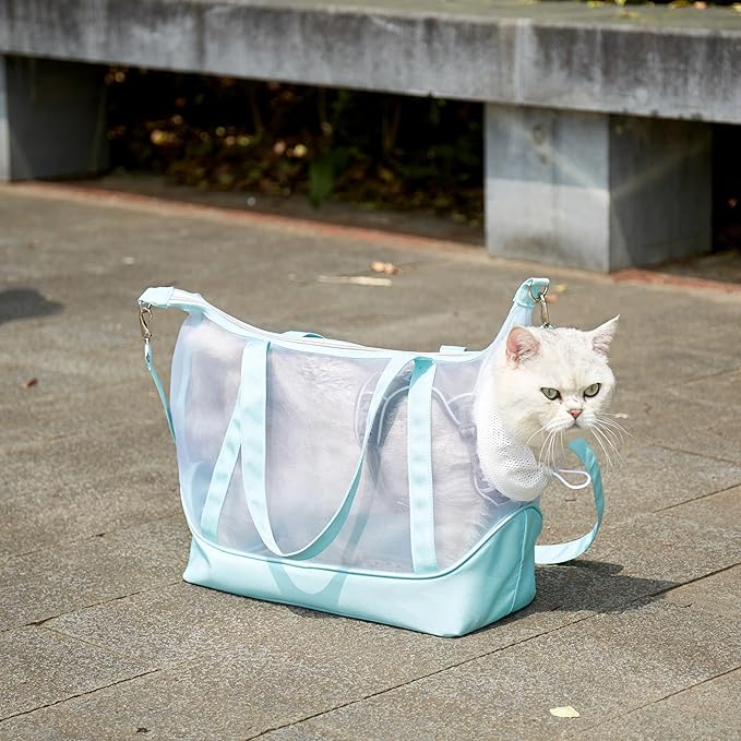 Vinqki Visible Comfort Cat Sling Carrier for Small Cats 3-8lb,Mesh Dog Sling for Small Dogs and Cats-Light & Breathable Cat Carrier Pouch,Soft Puppy Purse with Adjustable Shoulder Strap(Mint Green)