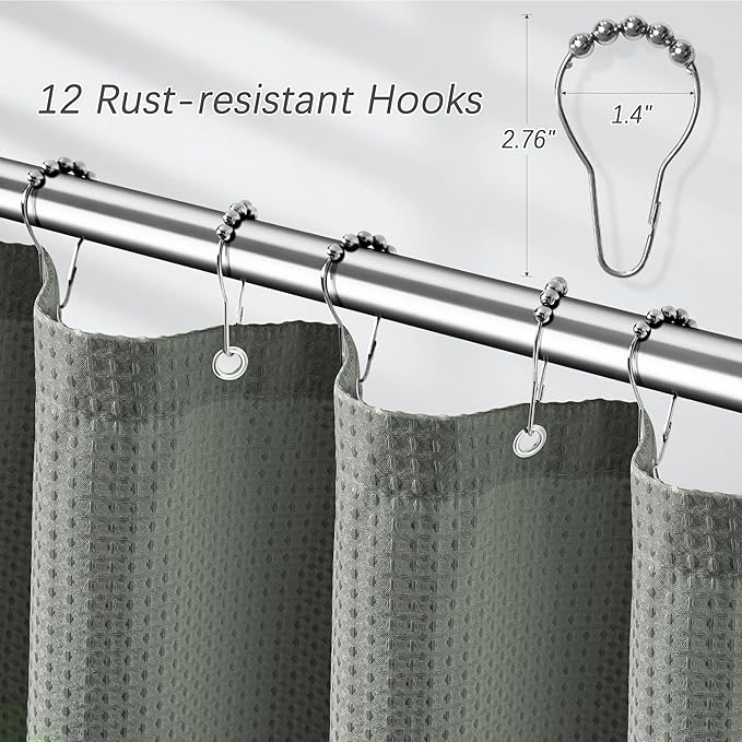 PANGSINNE 72 x 90 Shower Curtain Waterproof Fabric Shower Curtain Waffle Weave Heavy Duty Shower Curtain Set for Bathroom,Washable, 256GSM Modern Shower Curtains with 12 Metal Hooks, 72Wx90H Grey