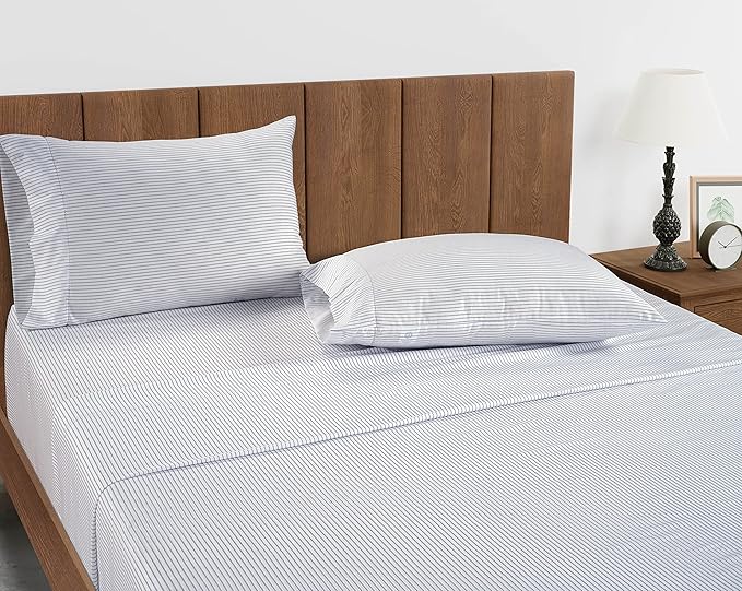 LANE LINEN 100% Organic Cotton Twin Fitted Sheet, 2-Piece Set (1 Fitted Sheet, 1 Pillowcase), Percale Weave, Soft, Breathable, Fits Mattress Upto 15' Deep - Blue Ticking Stripe (No Flat Sheet)