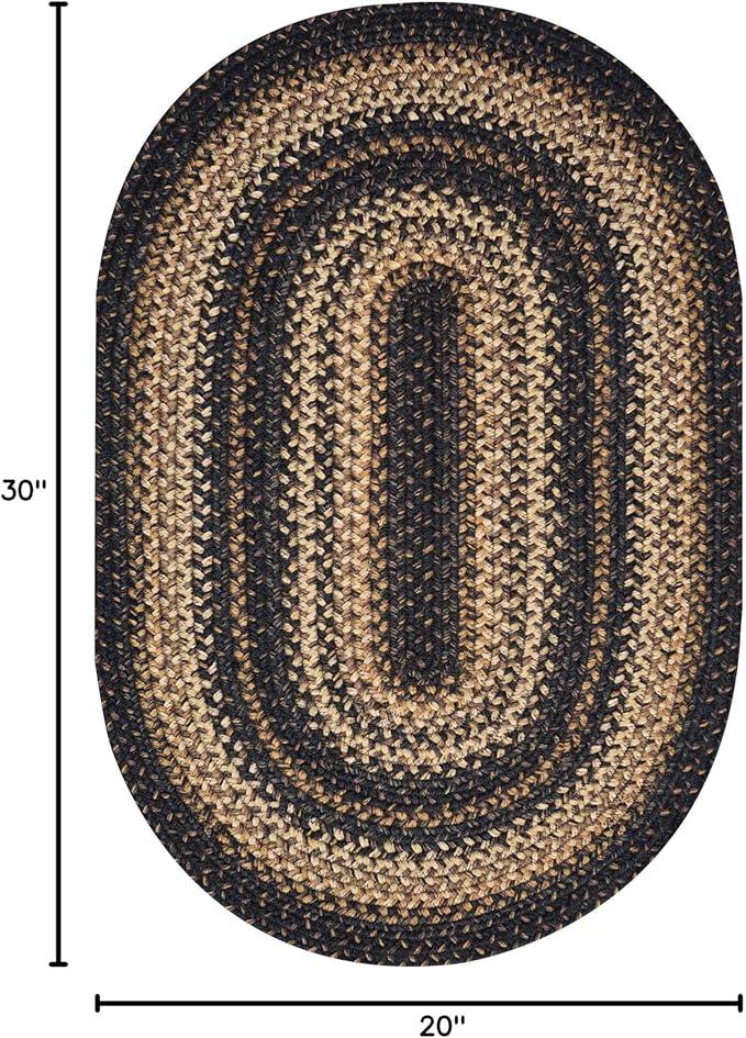 Homespice Kilimanjaro Black & Tan Oval Jute Rug 20x30 - Braided Kitchen Rugs for Primitive Farmhouse Kitchen Decor, Reversible, No Shed Jute for Easy Maintenance