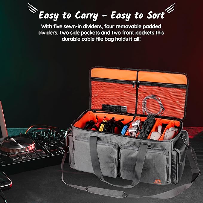 ASEG Gear Heavy Duty - DJ Cable Bag Organizer with Detachable Dividers – Travel Gig Bag – Case for Equipment - Music Equipment & Accessories - Heavy Duty Exterior & Padded Nylon Interior