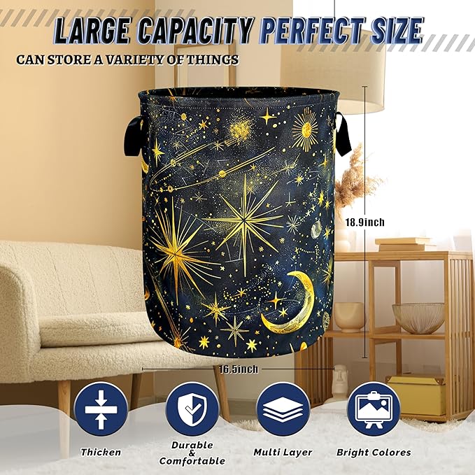 Moon Starry Sky Laundry Hamper Foldable Oxford Cloth Colorful Galaxy Laundry Basket With Handle Portable Clothes Storage Basket Funny Laundry Bag 18.9"x16.5" For Laundry Room/Bedroom/Bathrooms