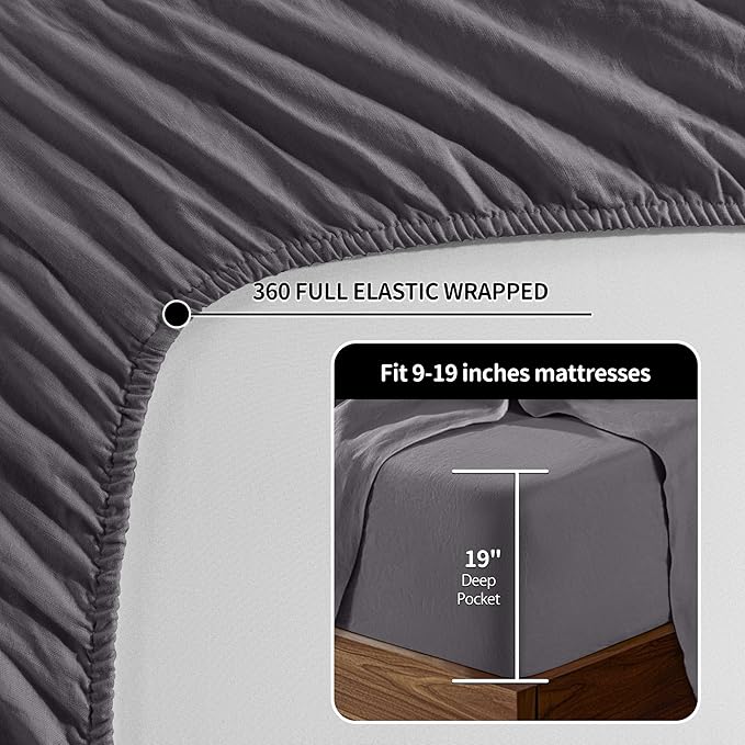 LBRO2M 100% Linen Sheet Set 19" Deep Pocket Queen Size,Bed Sheets 4 Piece Sets,Solid Color Natural Flax Bed Sheets Soft Breathable Bedding, All Season (Queen, Dark Grey)