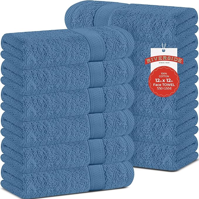 RIVERSIDE 12 Pack Premium 100% Cotton Face Wash Cloths, 12 x 12 Inches, Soft & Absorbent Face Towels for Bathroom Wash Clothes, 550 GSM Luxury WashCloths for Showering, Body, Spa & Gym, Electric Blue