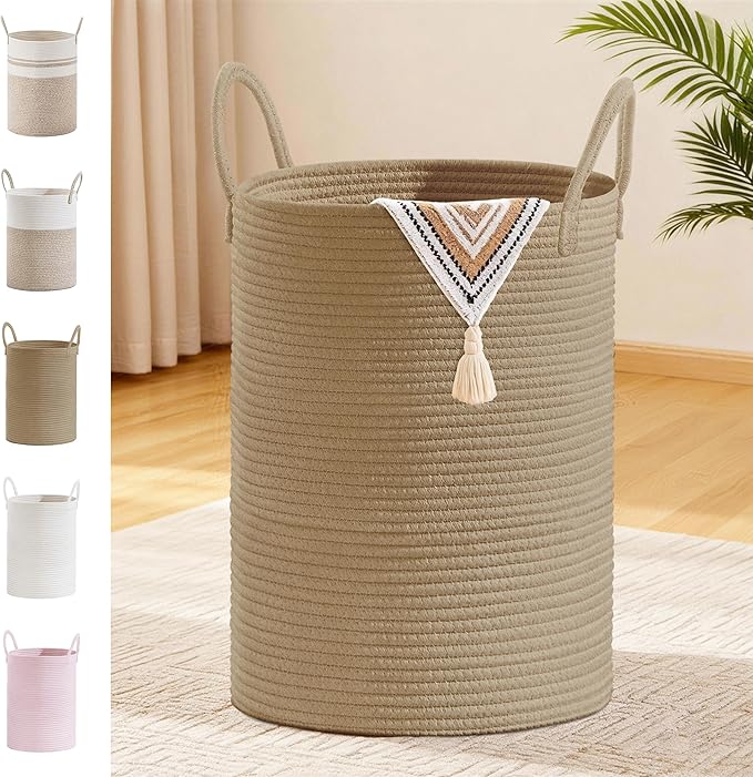 SunNewt Tall Laundry Basket with Handles, 72L Portable Dirty Clothes Hamper, Boho Cotton Rope Storage Bin for Blankets Kids Toys Gifts, Large Organizer for Baby Nursery Bedroom Bathroom, Jute