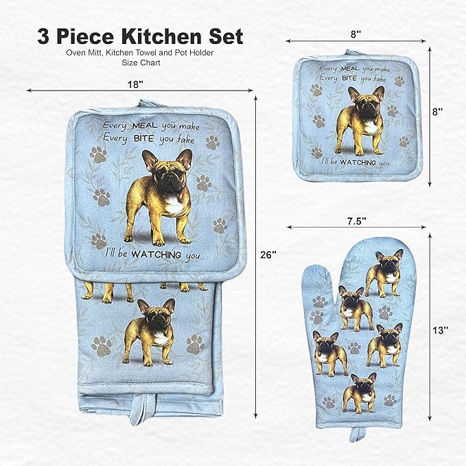 French Bulldog 3-Piece Kitchen Set - Oven Mitt, Pot Holder & Kitchen Towel Set, Heat Resistant up to 420 F, Soft Quilted Cotton for Cooking, Baking, BBQ, Pet Lover Gifts (French Bulldog)