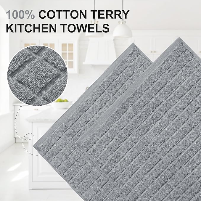 Homaxy Premium Cotton Kitchen Towels 16"x 28", Large Natural Ring Spun 390 GSM Dish Towels, Super Absorbent Terry Kitchen Hand Towels, Soft Tea Towels with Hanging Loop, Pure Grey Design, 8 Pack