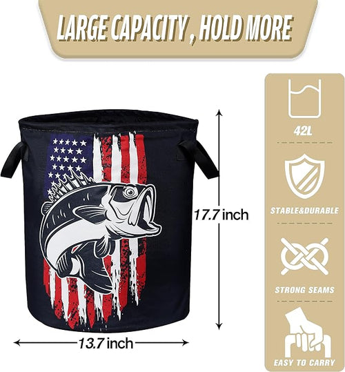 American Flag Bass Fish Laundry Basket Bass Fishing Foldable Oxford Cloth Funny Tote Bag Laundry Hamper Clothes Storage Bucket Organizer For Bathroom/Laundry Storage/Bedroom 17.7x13.7
