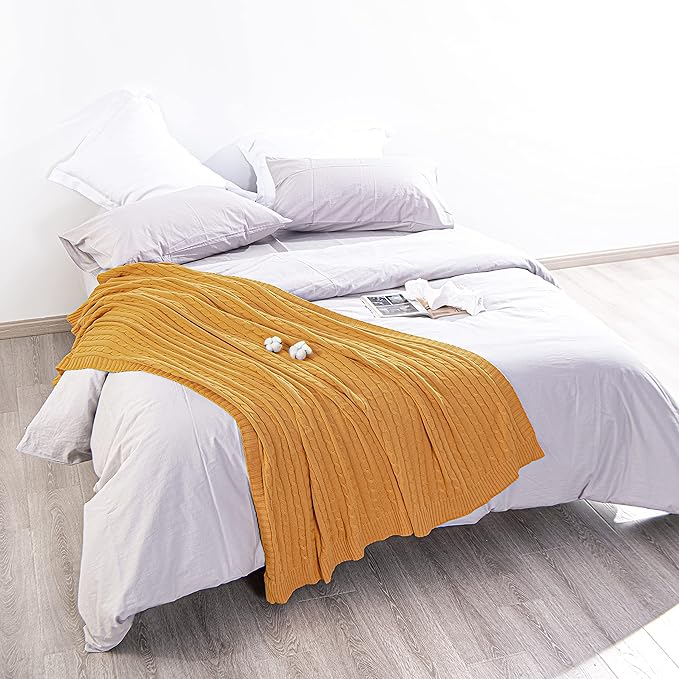 NTBAY 100% Pure Cotton Twin (60x80) Cable Knit Throw Blanket, Super Soft Warm Knitted Blanket for Bed, Sofa, Chair, Couch - Extra Cozy, Machine Washable, Comfortable Home Decor, Ginger Yellow