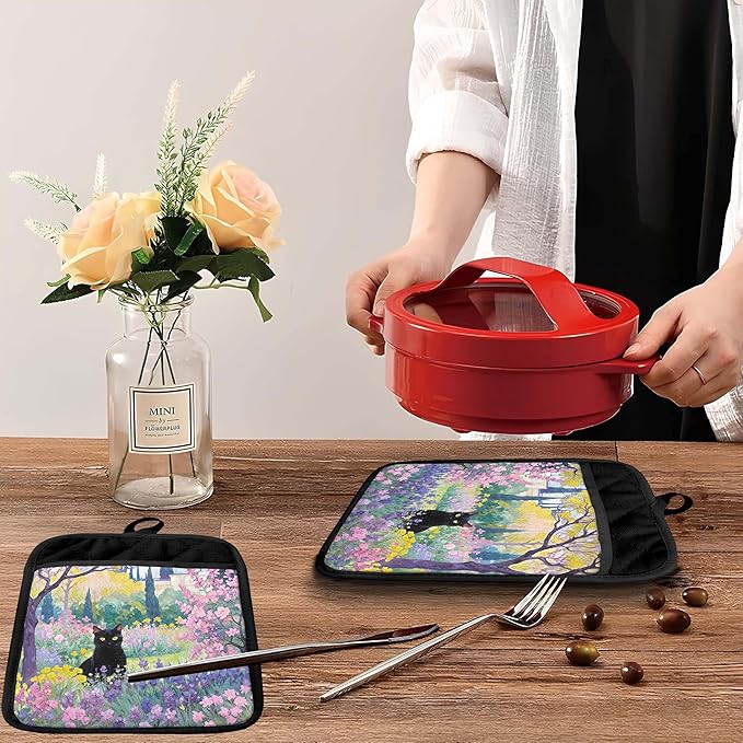 Black Cat Floral Garden Pot Holders with Pockets, Cottagecore Kitchen Decor, Fantasy Wildflower Botanical Oven Pot Holders Heat Resistant Oven Mitts Hot Pads for Kitchen Baking Cooking