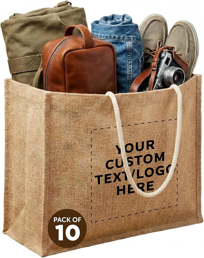DISCOUNT PROMOS Custom Jute Bags with Rope Handle Set of 10, Personalized Bulk Pack - Reusable, Great for Shopping, Grocery, Promotional or Tradeshow - Natural