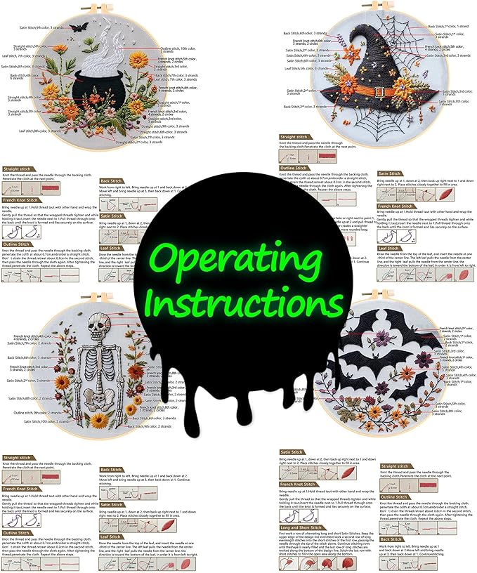 QBQBQ 4 Set Embroidery Kit for Beginners, Cross Stitch Kits Include 6 Inch Hoop, Needles, Threads, DIY Crafts for Adults, Halloween, Skull & Witch Hat Pattern, Home Decor Gift Idea