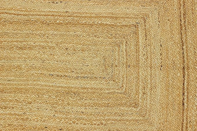 Scalloped Edge Rug, Hand Woven Natural Jute Area Rug, 9x9 Ft Square Beige & Black Braided Kilim Rugs for Living Room, Kitchen, Entryway, Farmhouse