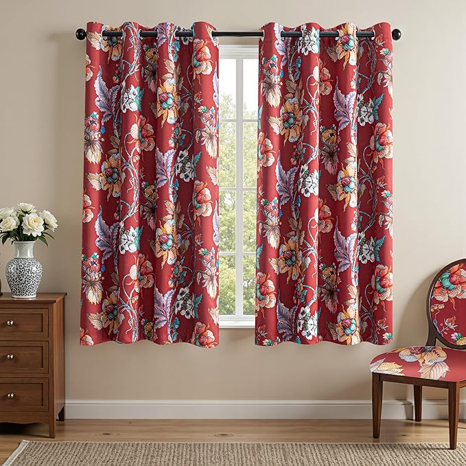 MYSKY HOME 95% Floral Blackout Curtains 63 Inch Length Bedroom Black Out Thermal Insulated Curtain Printed Flower Vintage Style Grommet Window Panels Living Room Kitchen, Pack-2, Terracotta